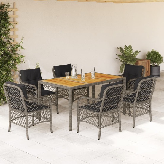 Ensemble à manger de jardin et coussins 7 pcs gris rotin