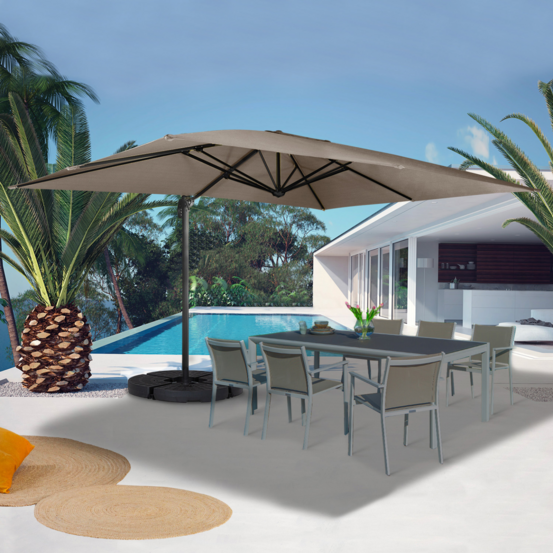 Parasol déporté inclinable rotatif 360 calvi taupe 3x4 m avec 4 dalles et housse
