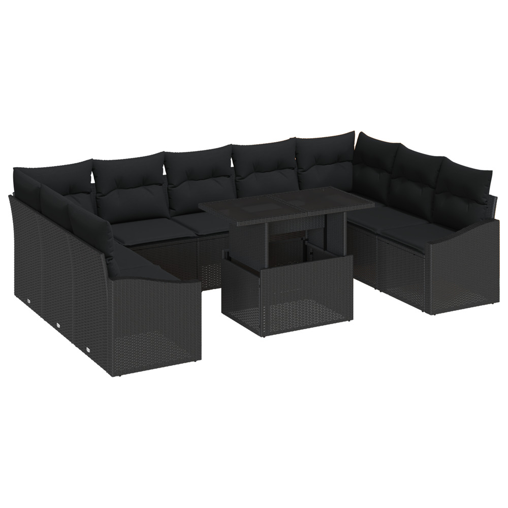 Ensemble de salon de jardin 10 pièces avec coussins noir poly rattan