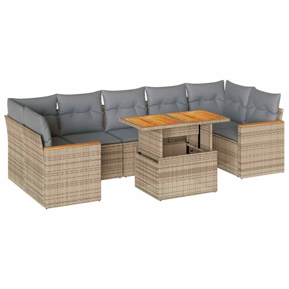 Salon de jardin avec coussins 8 pcs beige résine tressée acacia