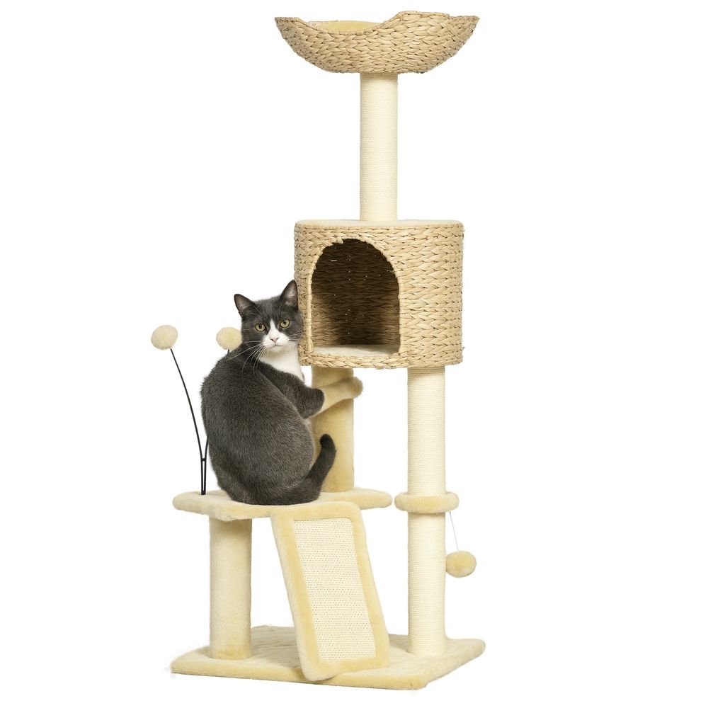 Arbre à chat bois peluche chats jeu griffes repos 45x40x116cm beige