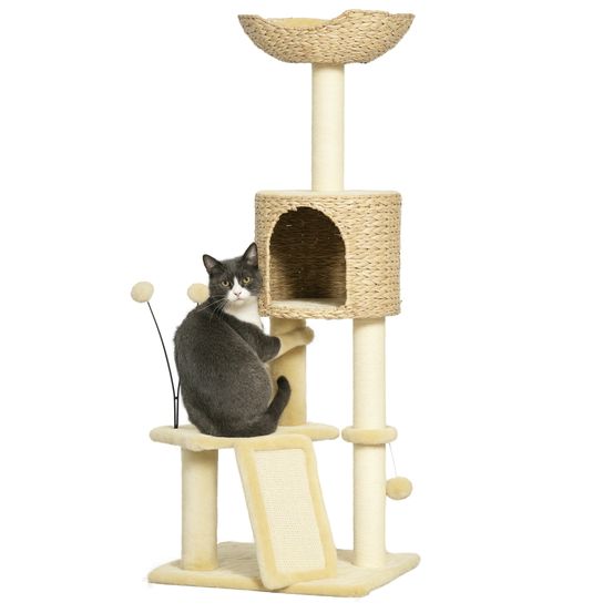 Arbre à chat bois peluche chats jeu griffes repos 45x40x116cm beige