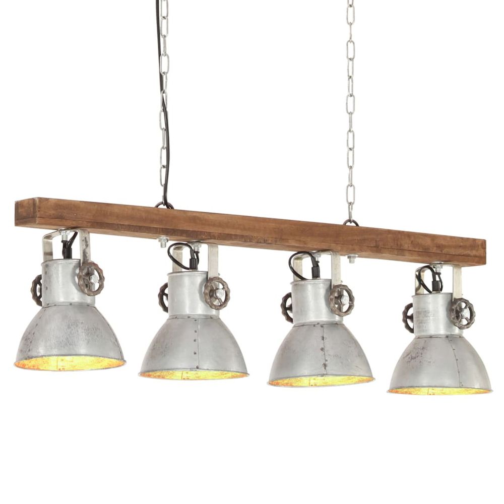 Plafonnier industriel argenté e27 bois de manguier