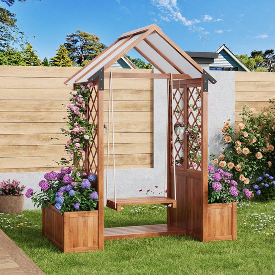Jardinière treillis balançoire bois sapin pour jardin toit anti-uv 142x163cm marron