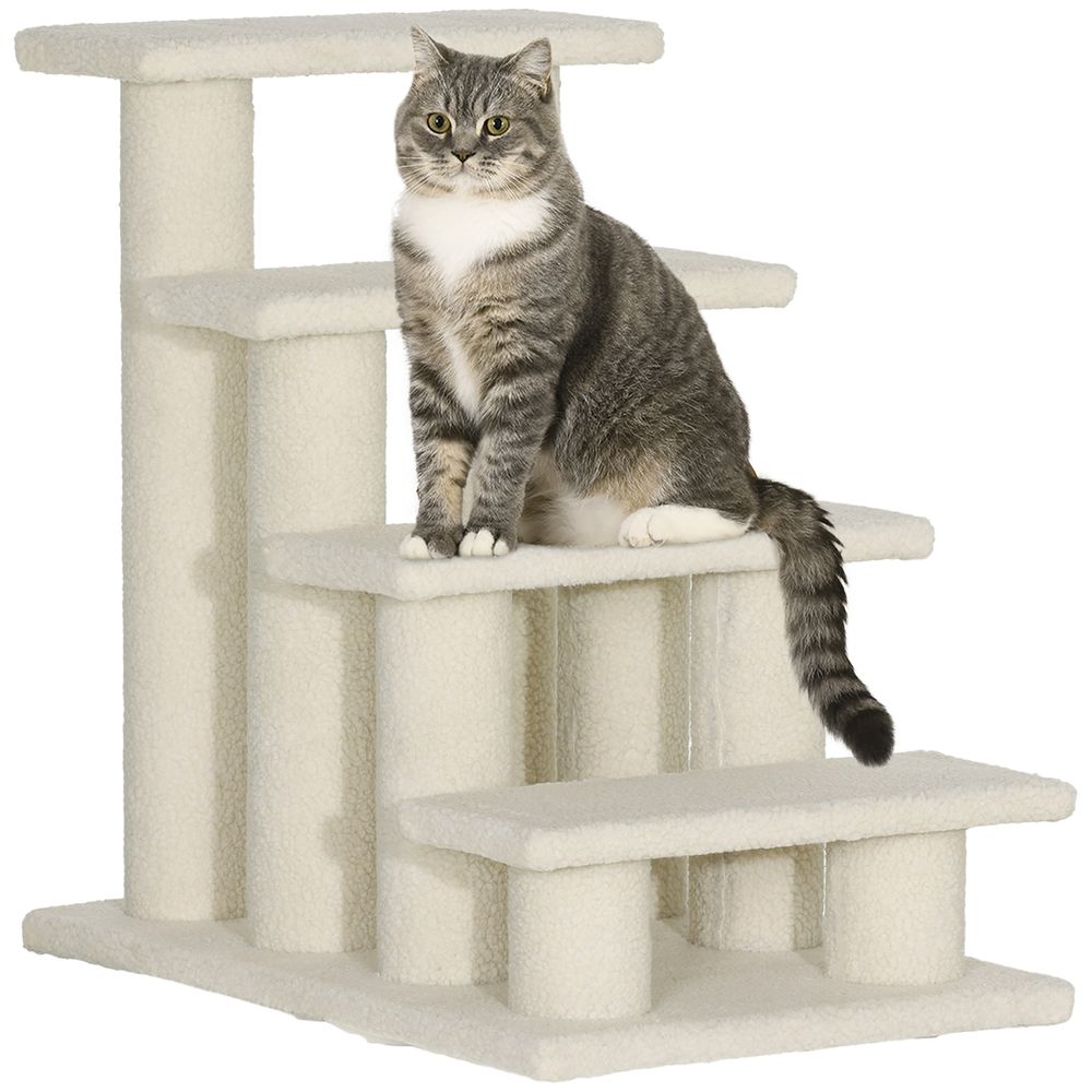 Escalier animaux 4 marches peluche aide montée chat chien blanc crème 60cm