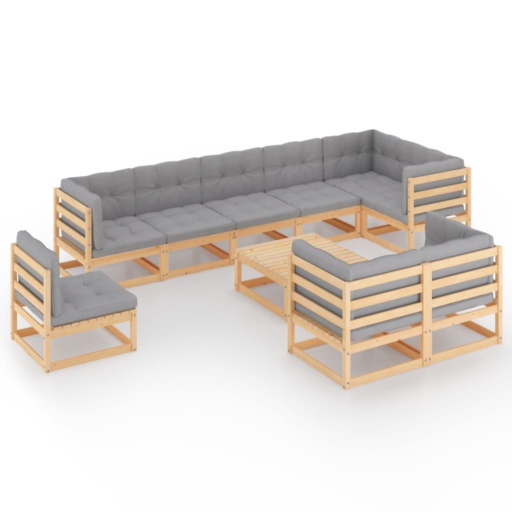 Salon de jardin meuble d'extérieur ensemble de mobilier 10 pièces avec coussins bois de pin massif