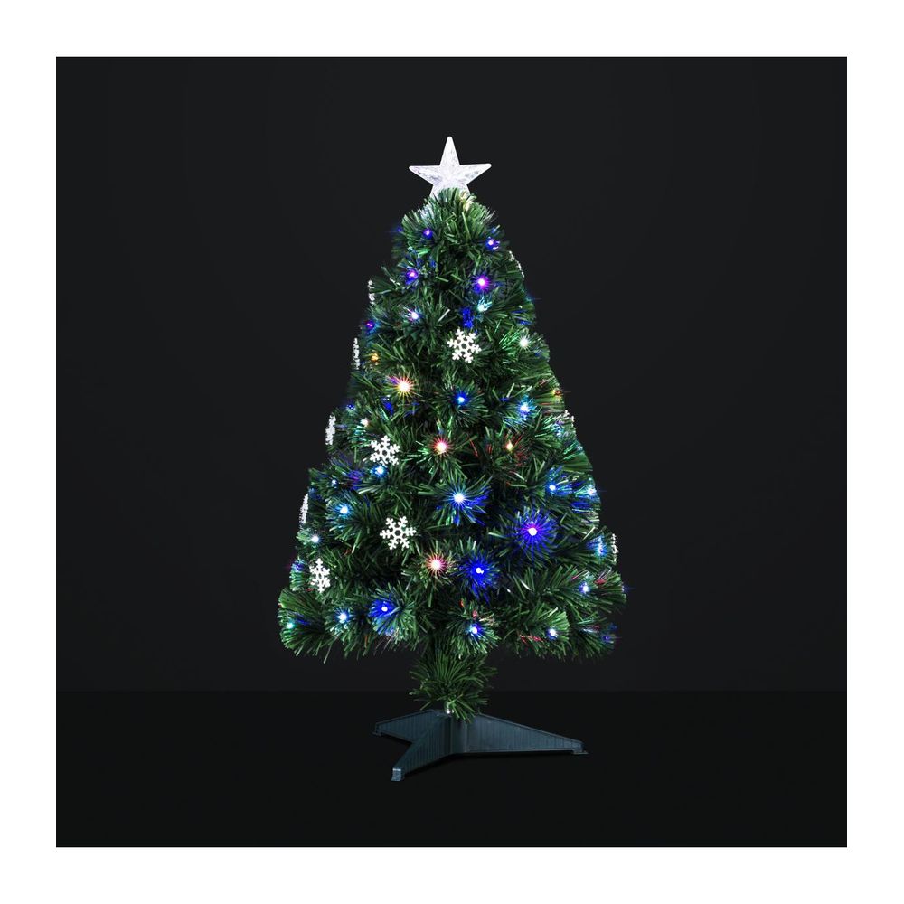 Sapin artificiel vert lumineux fibre optique + 14 flocons + 74 led h 90 cm