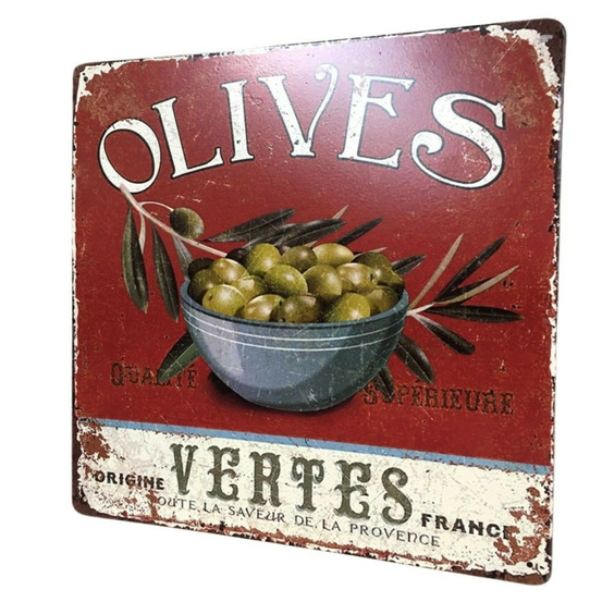 Plaque murale décorative vintage fer rouge olives vertes 30x30cm