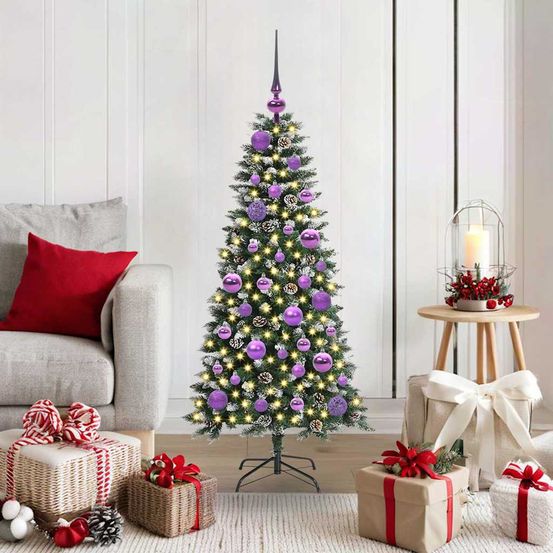 Sapin artificiel 120 cm style enneigé, kit complet pré-illuminé 150 led usb