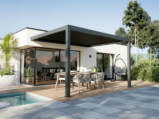 Pergola bioclimatique adossée motorisée 12m² 3x4m gris anthracite stellar - eclairage intégré