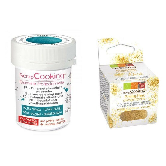 Colorant alimentaire en poudre bleu foncé + paillettes dorées