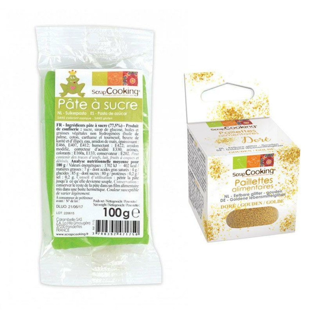 Pâte à sucre vert prairie 100 g + paillettes dorées
