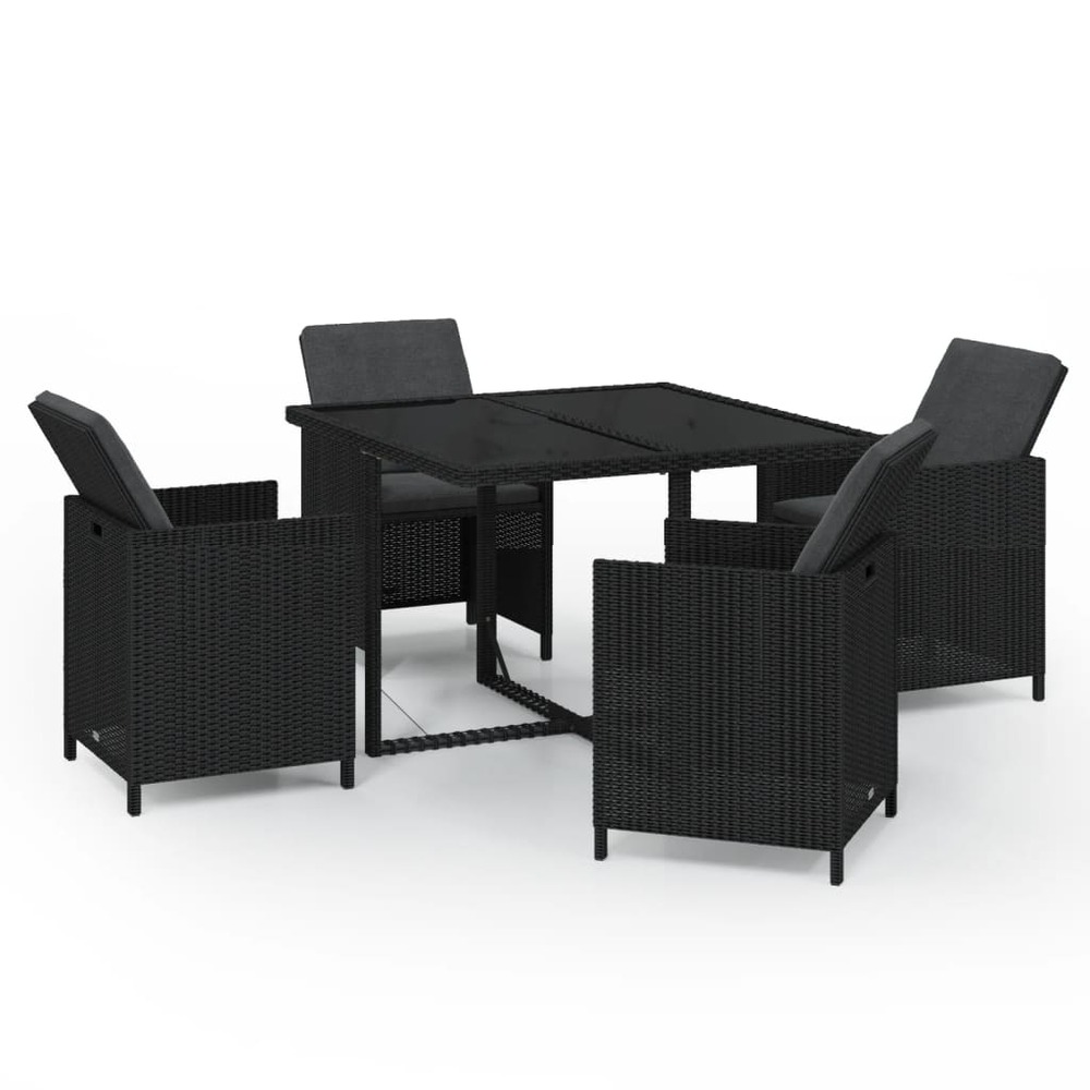 Ensemble à dîner de jardin avec coussins 5 pcs poly rotin noir