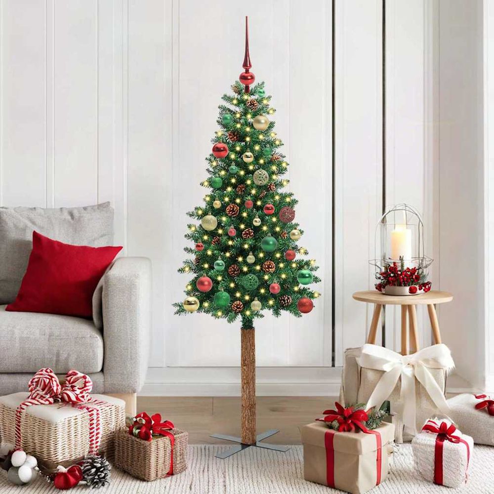 Petit sapin de noël mince 150 cm pour appartement, lumineux avec 150 led et décorations bois et boules