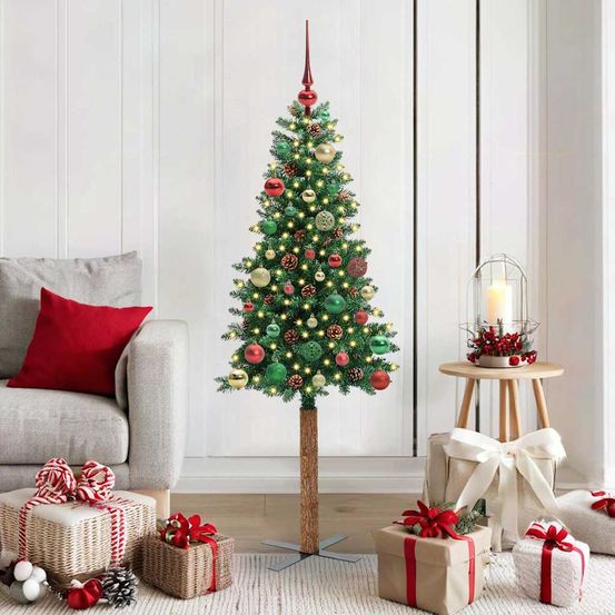 Petit sapin de noël mince 150 cm pour appartement, lumineux avec 150 led et décorations bois et boules