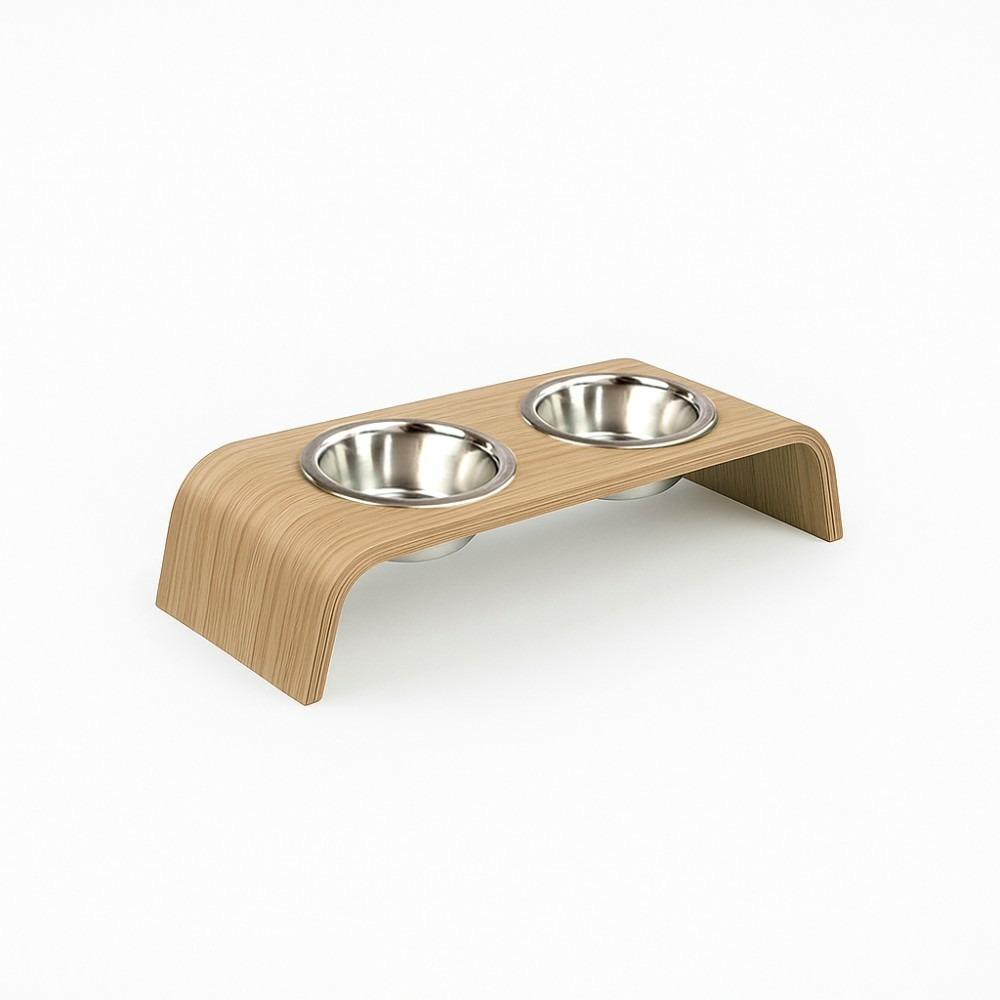 Gero - set de 2 gamelles surélevées en acier, socle bois chêne, 44x17x10cm