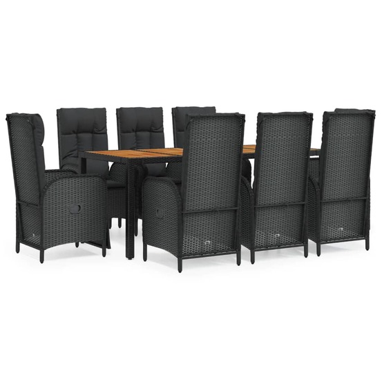 Ensemble à manger jardin 9pcs et coussins noir résine tressée