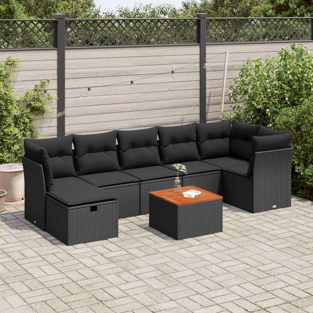 Salon de jardin 8 pcs avec coussins noir résine tressée