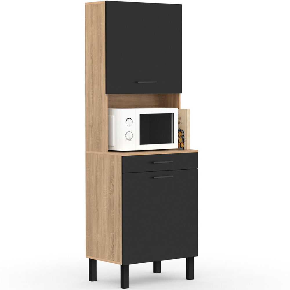 Buffet de cuisine 60 cm cina 2 portes + tiroir façon hêtre et noir