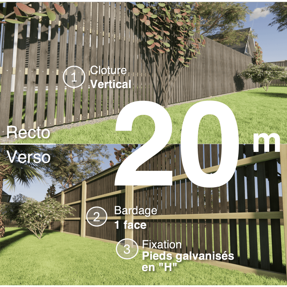 Kit clôture bois moderne 20m – h 1,9m – 20 x 70 mm noir par trempage – pose vertical – simple face – support galva