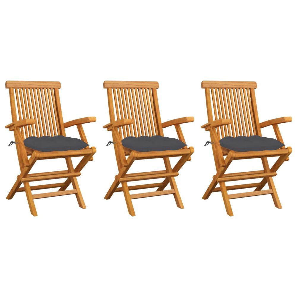 Chaises pliantes avec coussins anthracite, 3 pièces, en teck massif