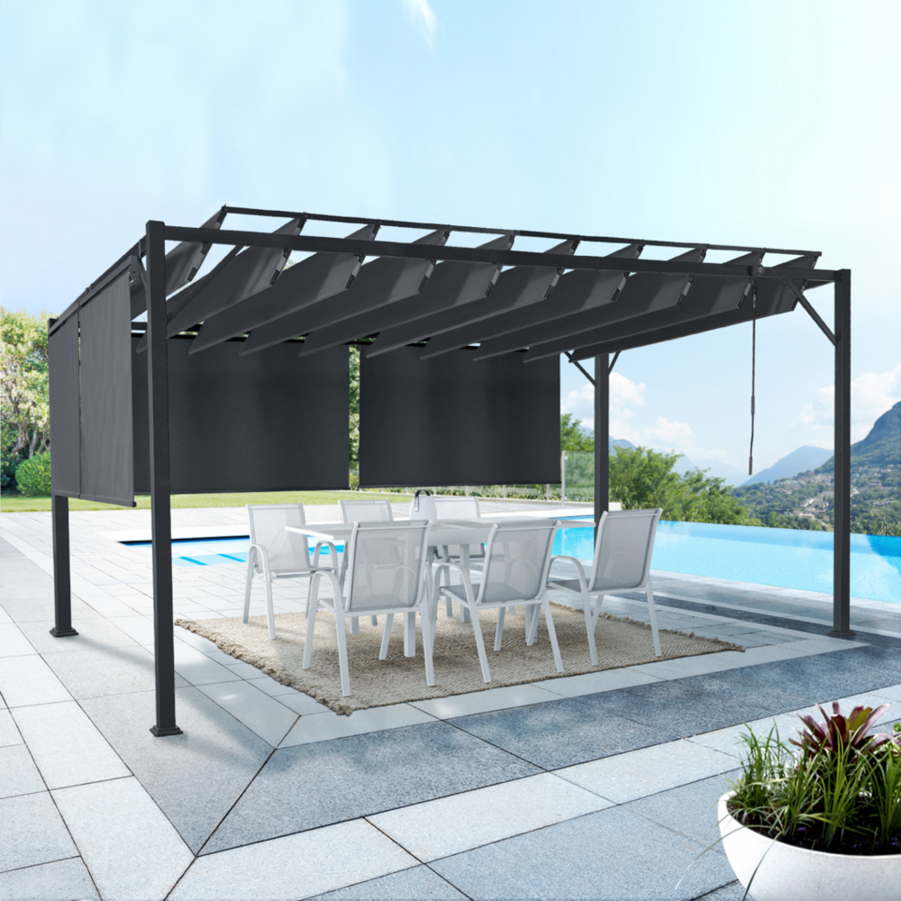 Pergola édition luxe lames orientables 3x4 m et 4 stores gris anthracite