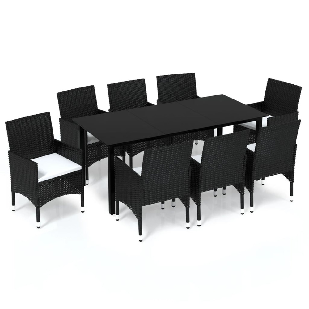 Ensemble à manger de jardin coussins 9pcs résine tressée noir