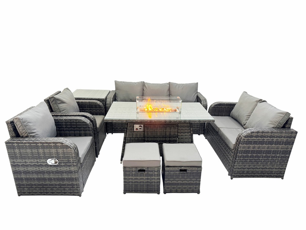 9 places salon de jardin exterieur table de foyer à gaz et canapé fauteuil avec table d'appoint 2 petits tabourets