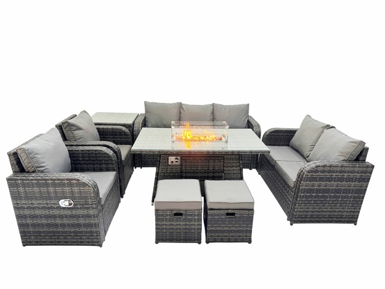 9 places salon de jardin exterieur table de foyer à gaz et canapé fauteuil avec table d'appoint 2 petits tabourets