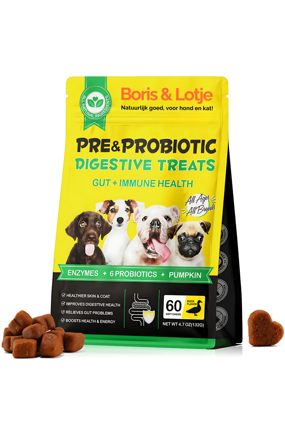 Pré- et probiotiques pour chiens – 100 % naturel – 60 friandises molles – soutient la digestion et les défenses naturelles