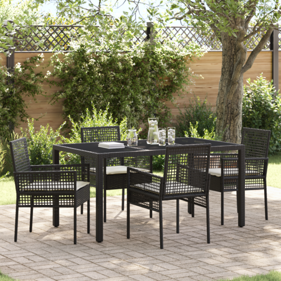 Ensemble de salle à manger de jardin 5 pièces avec coussins en poly rattan noir