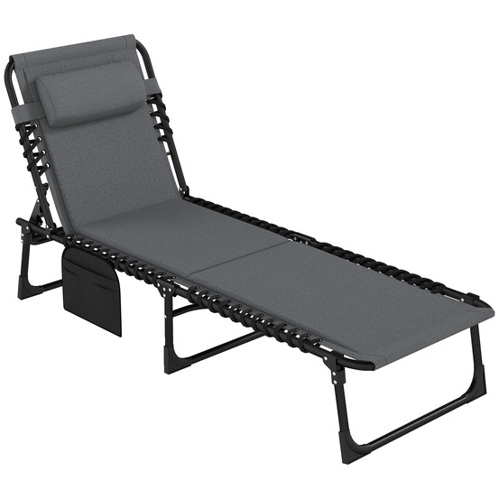 Transat pliable avec appui-tête et poche latérale, dossier réglable 5 positions, pour le jardin et la plage, gris foncé