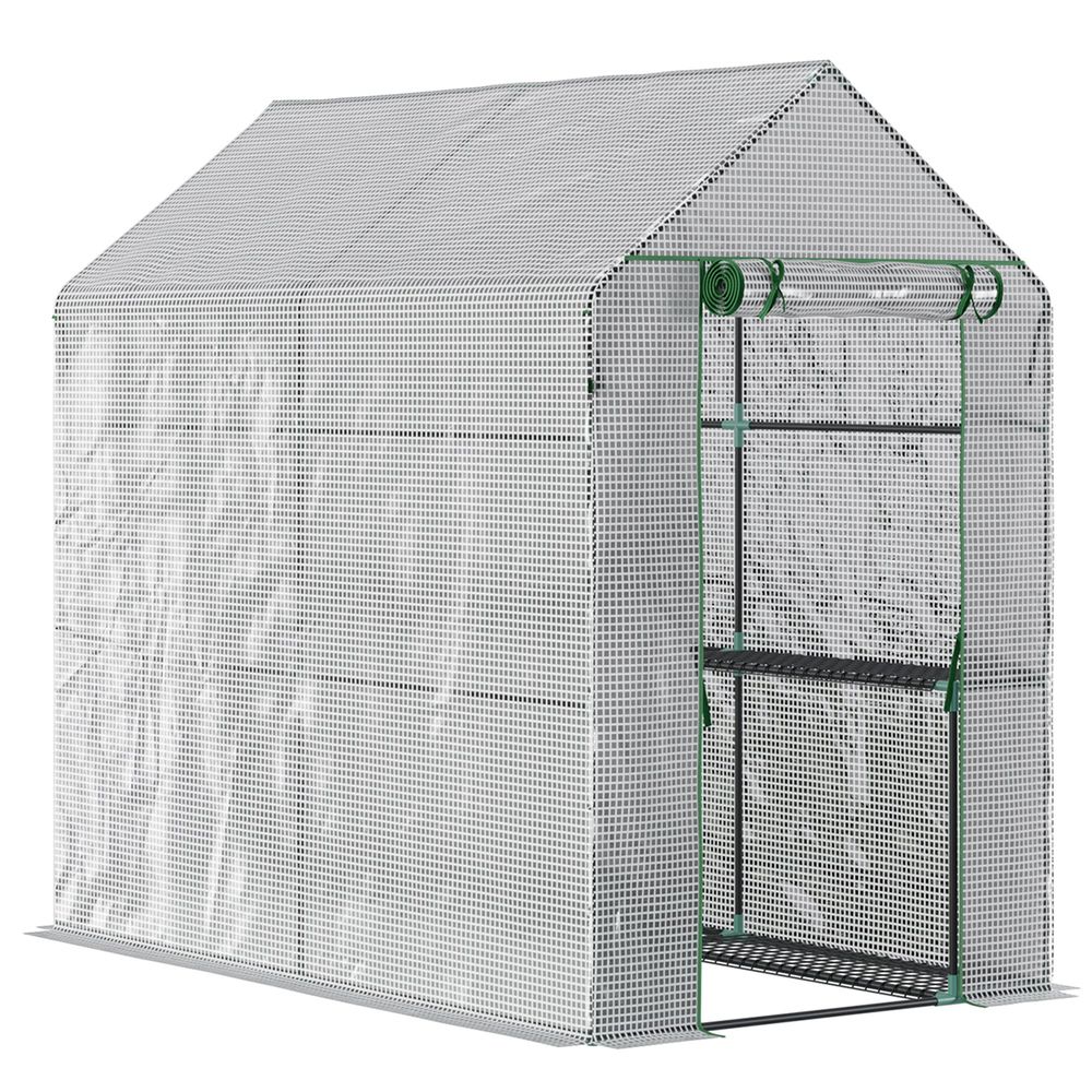 Serre de jardin adossable avec 4 étagères et porte enroulable 120x186x190 cm blanc - comfortxl outdoor living