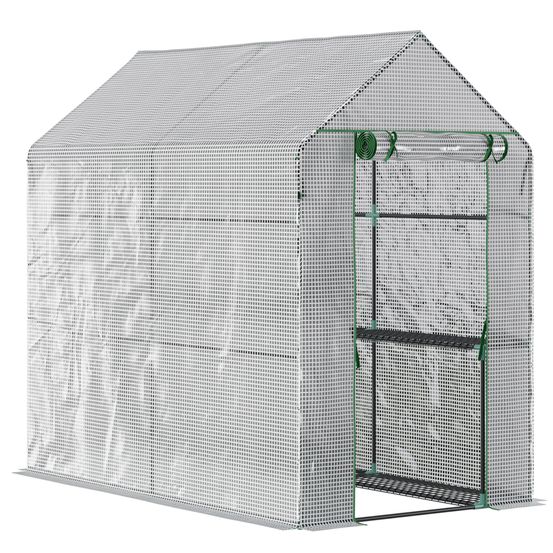 Serre de jardin adossable avec 4 étagères et porte enroulable 120x186x190 cm blanc - comfortxl outdoor living