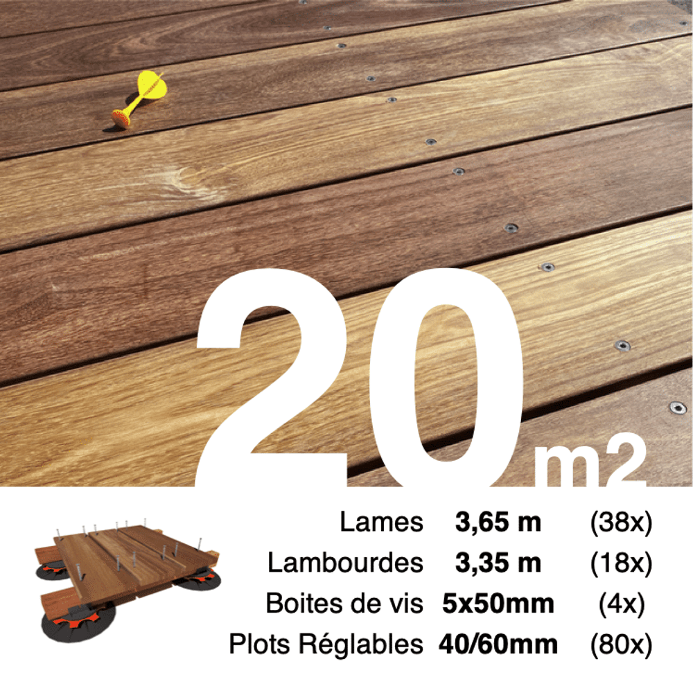 Kit complet terrasse bois exotique cumaru pour 20 m², lames 3,65 m, lambourdes 3,35 m, plots réglables et visserie inox.
