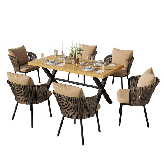 Ensemble de salle à manger et salon de jardin en rotin tressé, structure en acier, coussins d'assise inclus, couleur kaki naturel.