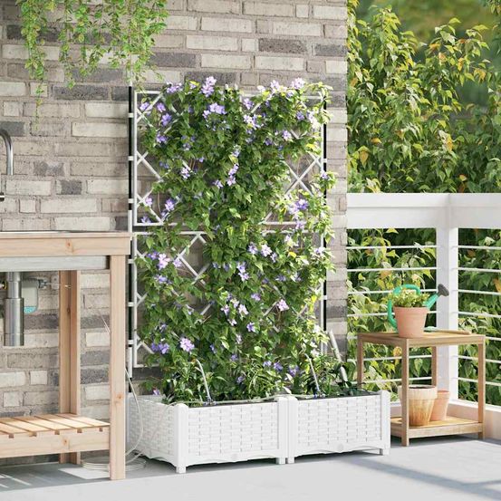 Jardinière haute en acier avec treillage et irrigation jardin blanc 80x40x126 cm