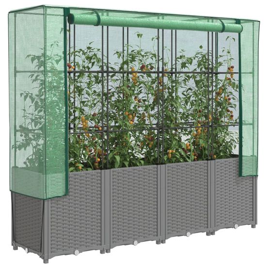 Très grand bac potager sur pieds 160 cm avec serre haute aspect rotin gris