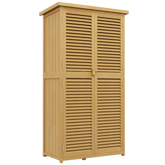 Armoire de jardin en bois, toit en asphalte, porte à lamelles, 4 compartiments, jaune clair 87×46,5×160 cm