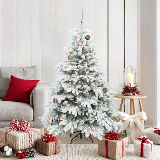 Sapin de noël artificiel 150cm tout-en-un, kit complet avec 150 led, 61 boules et cimier, aspect réaliste pe/pvc