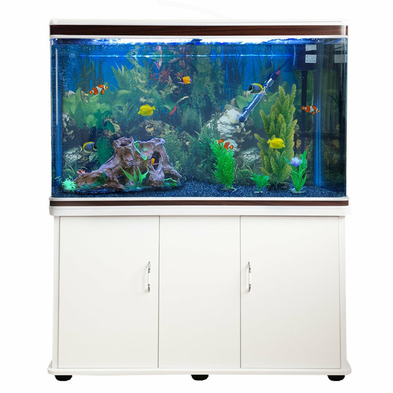 Aquarium blanc avec meuble de support blanc assorti et gravier bleu