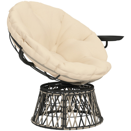 Fauteuil papasan en rotin pivotant 360°, coussin rond diamètre 90 cm, beige, salon de jardin confortable