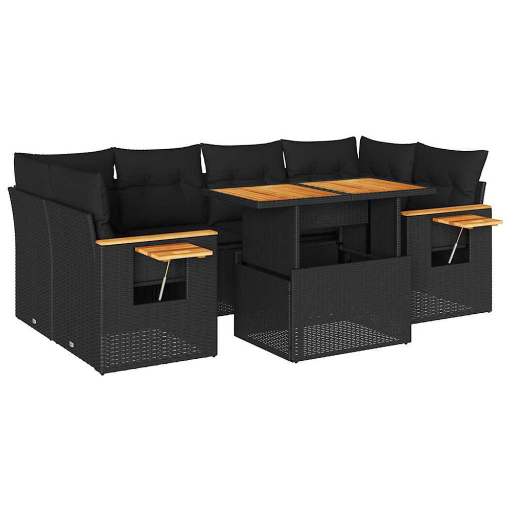 Salon de jardin avec coussins 7 pcs noir résine tressée acacia