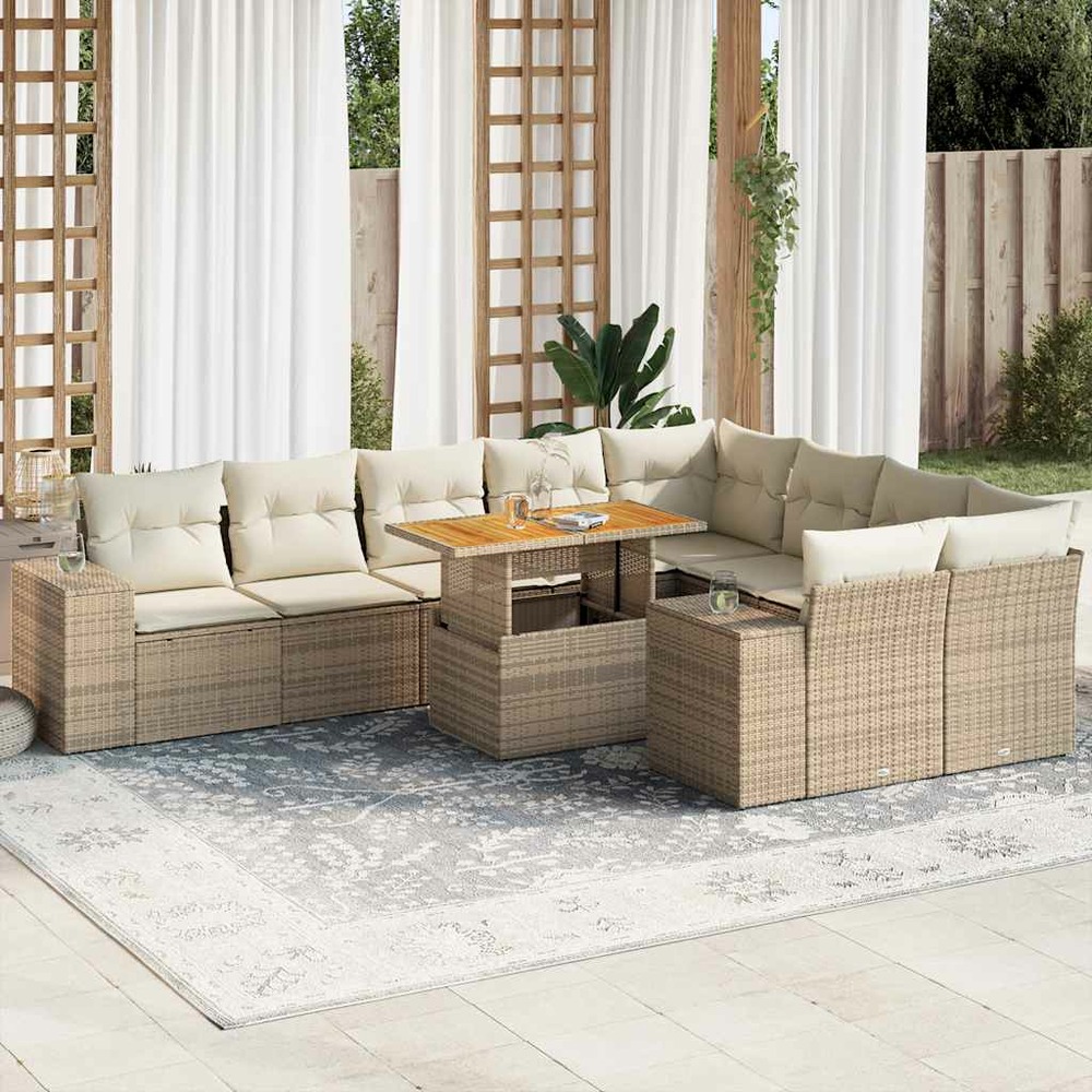 Salon de jardin avec coussins 10pcs beige résine tressée acacia