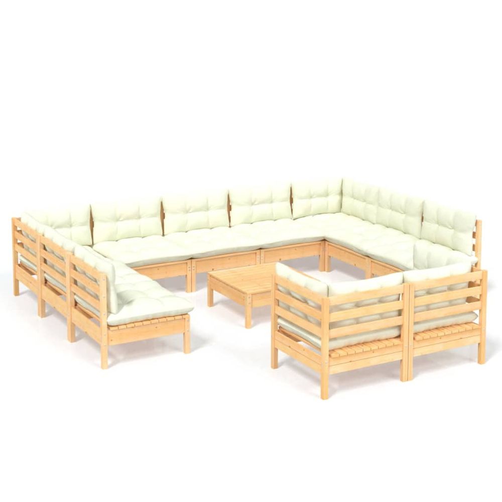Salon de jardin 12 pcs avec coussins crème bois de pin massif