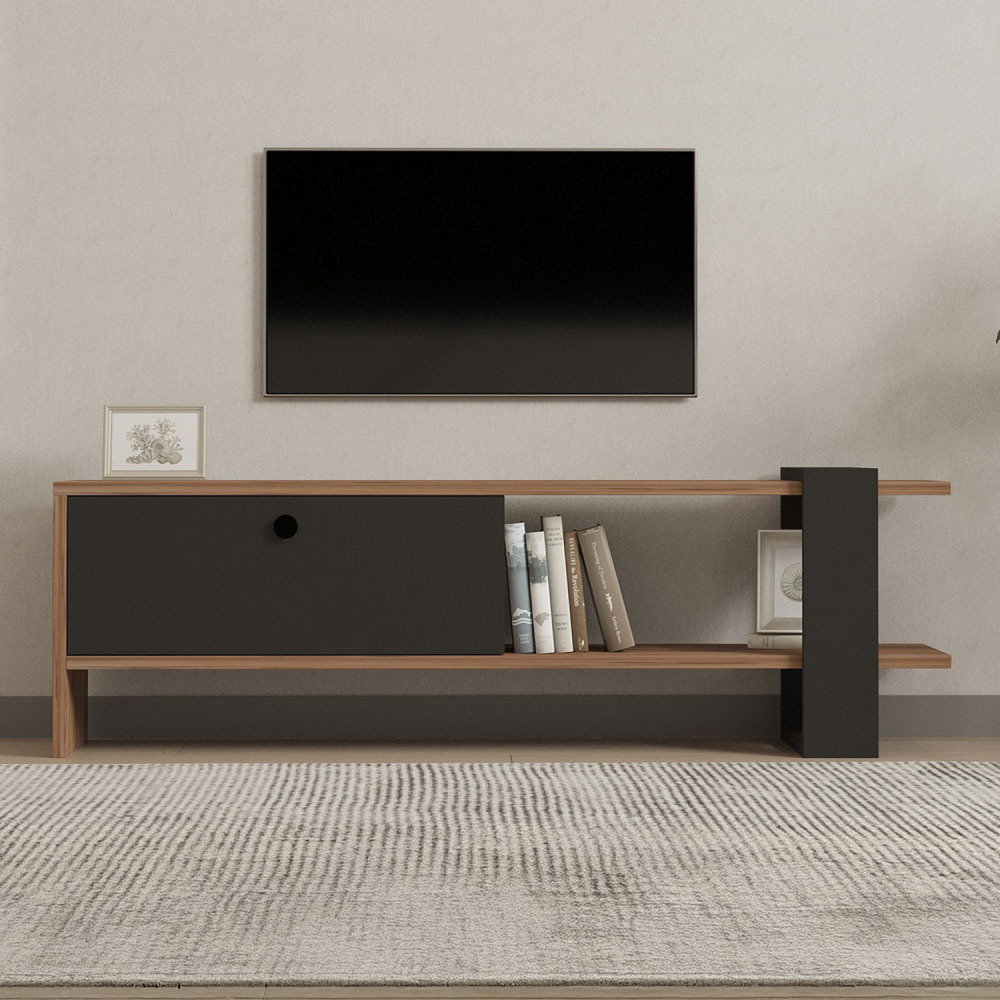 Meuble tv asymétrique gris anthracite avec placard aspect bois 120cm ova