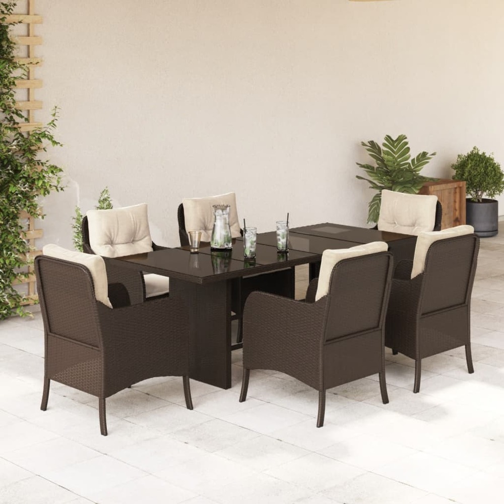 Ensemble à manger de jardin et coussins 7 pcs marron rotin