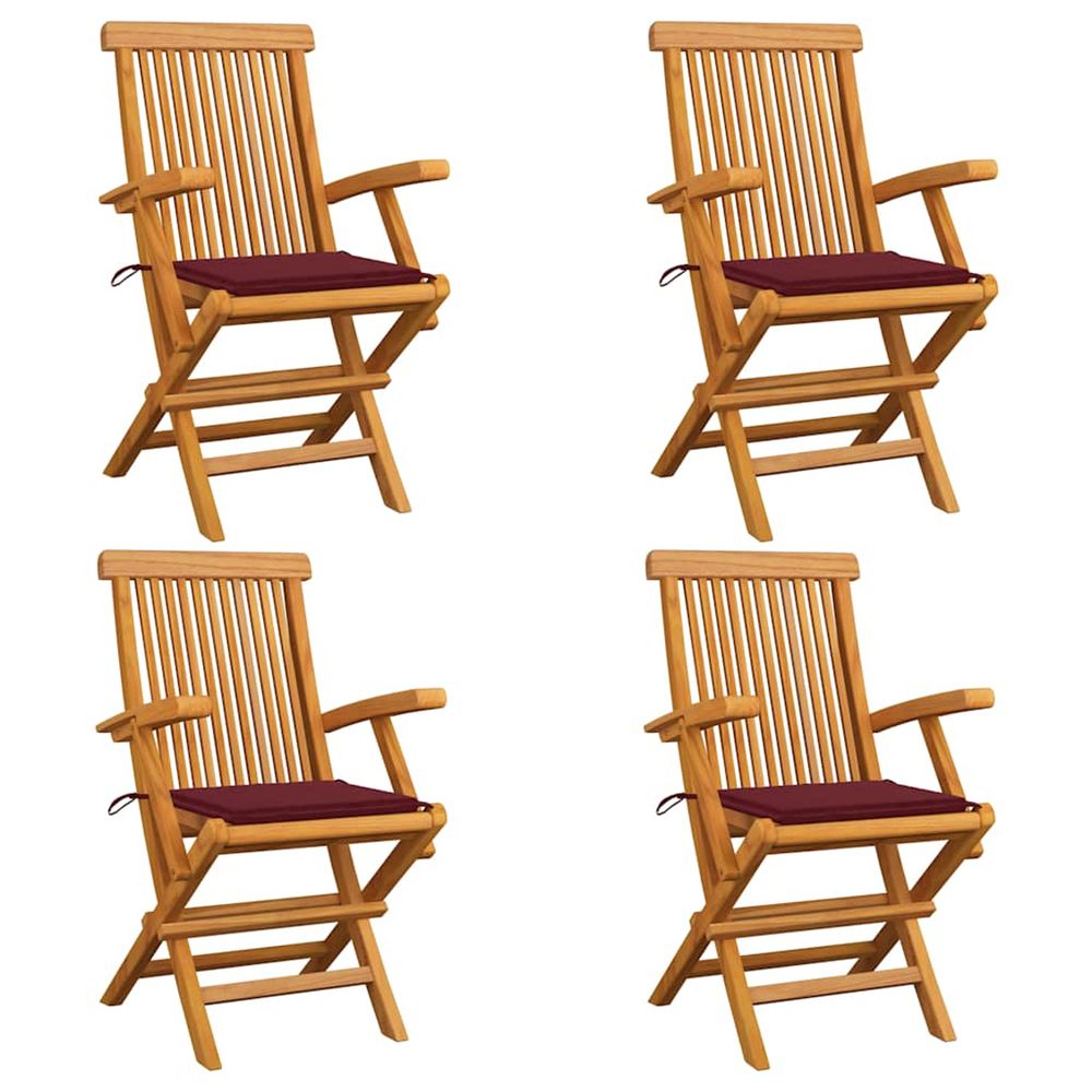 Chaises pliantes avec coussins rouge vin, 4 pièces, en bois de teck massif
