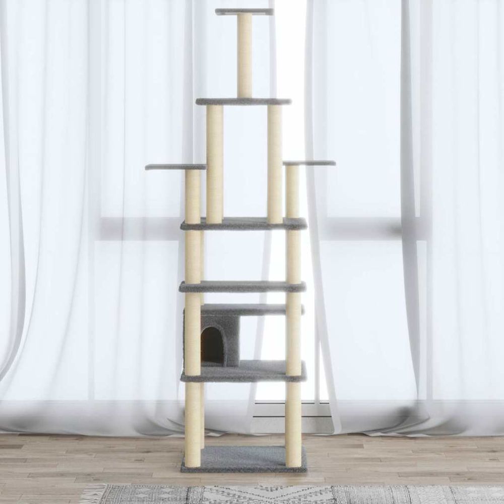 Tour à griffer pour chat 183cm gris clair, centre de jeu vertical avec maisonnette et postes d'observation