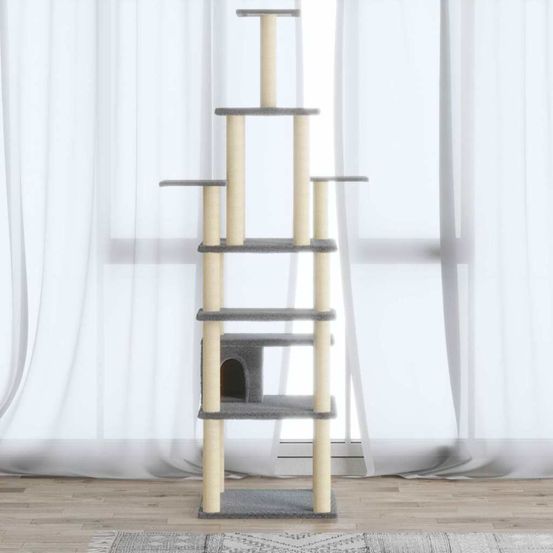 Tour à griffer pour chat 183cm gris clair, centre de jeu vertical avec maisonnette et postes d'observation